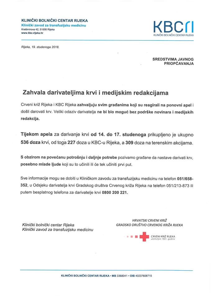 Zahvala darivateljima krvi i medijskim redakcijama
