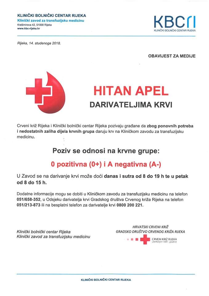 Apel darivateljima krvi